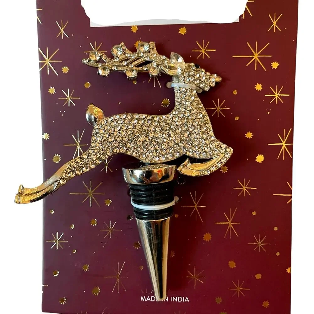 Gold Rhinestone Reindeer Bottle Stopper Holiday Barware New